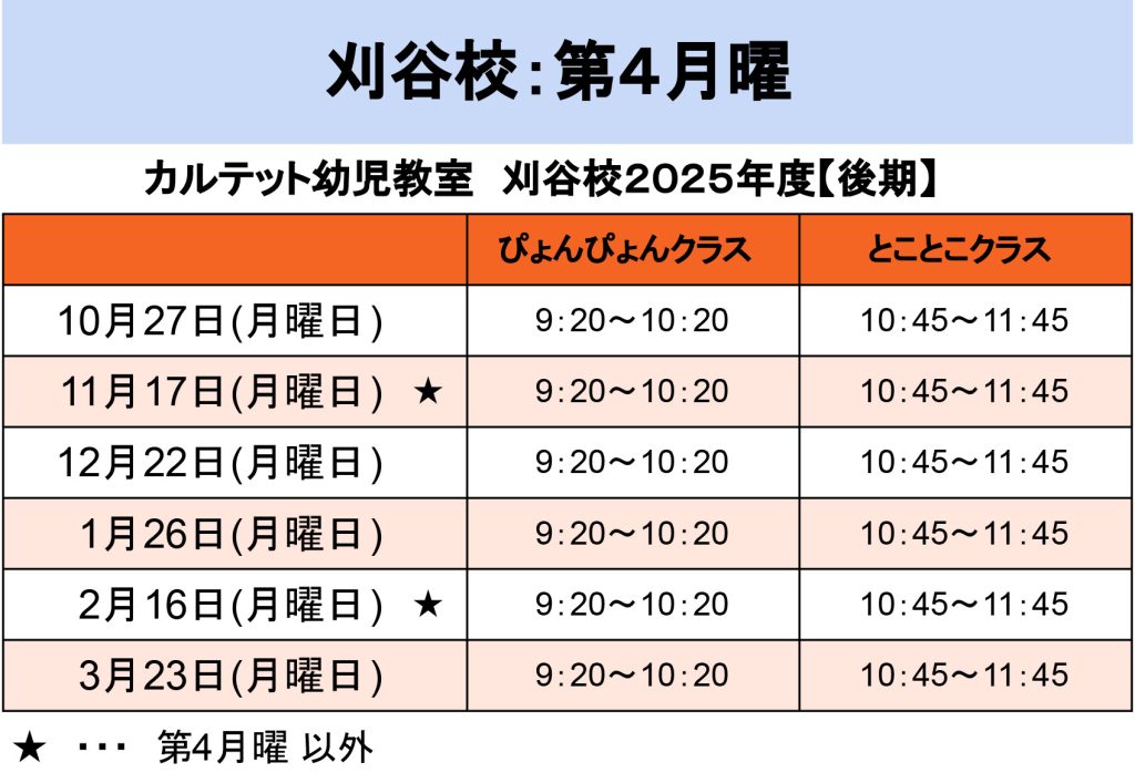 【カルテット幼児教室】モデル校日程